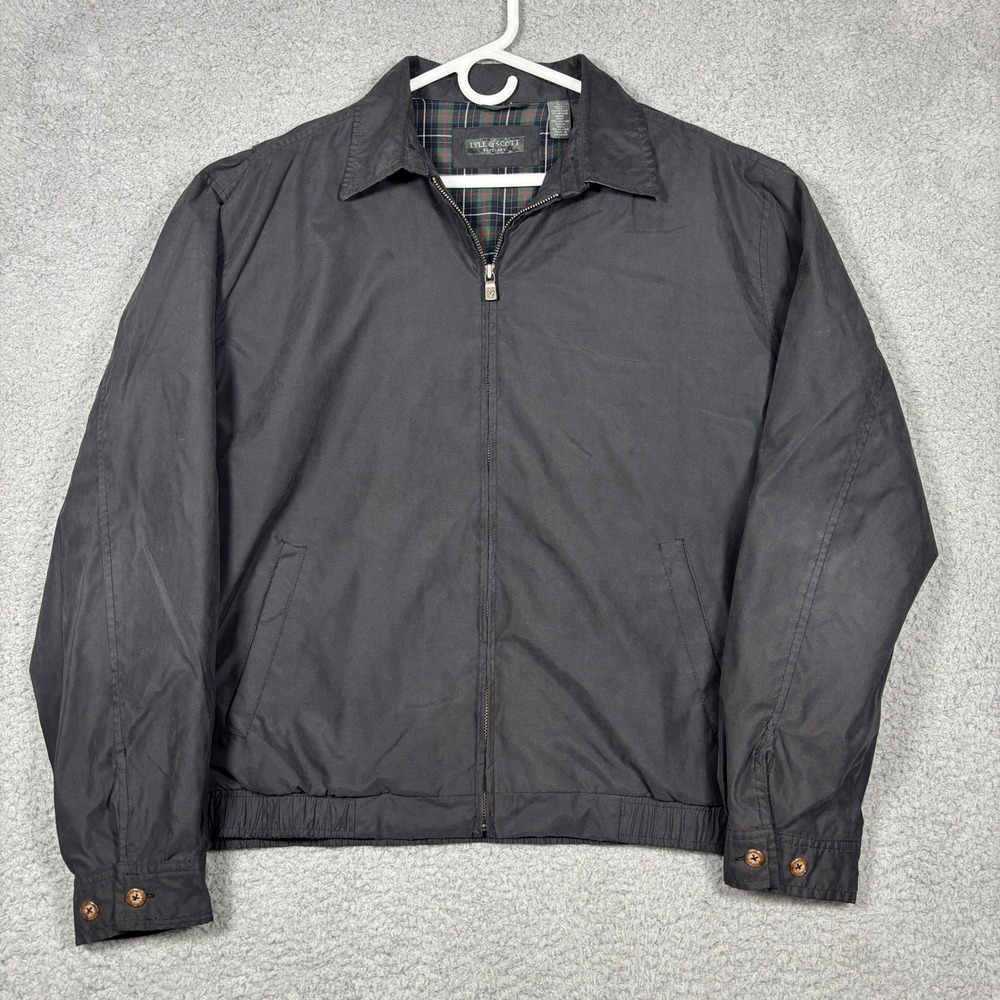 Lyle & Scott Jacket Mens Large Black Harrington Plaid Lined Full Zip Lightweight